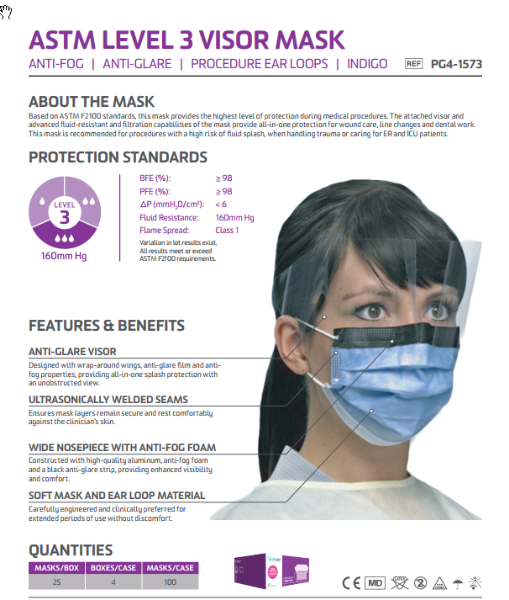 Picture of Face Mask, (PRIMAGARD® 160) Ear Loop with Anti-Fog/Anti-Glare Visor (Indigo) - 25/Box