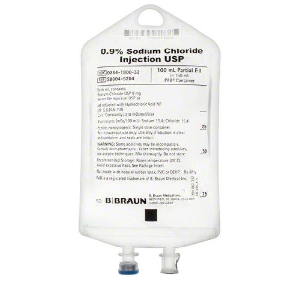 Picture of Normal Saline 0.9% Injection, USP 100/150ml - 64/Case